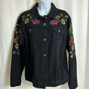 Gianni Bini Women’s Size Large Black Denim Jacket Floral Embroidered Pattern